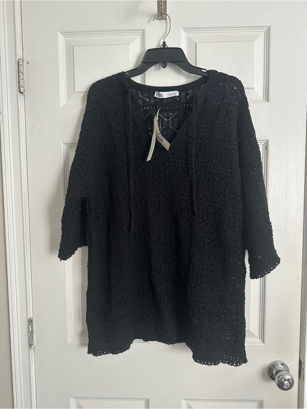 Zara Black Crochet Knit Tunic with Tie V-Neck